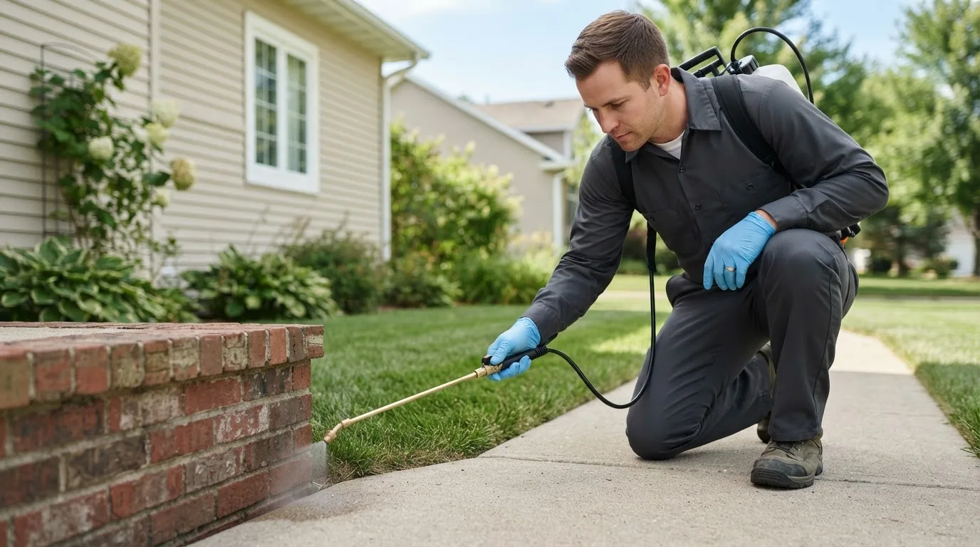 Pest control technician treating a home near Edina, MN